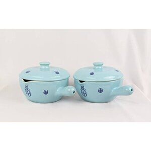Set of 2 Blue Tulip Pottery Bowls | MCM Blue Crock Pot Individual Casserole Soup
